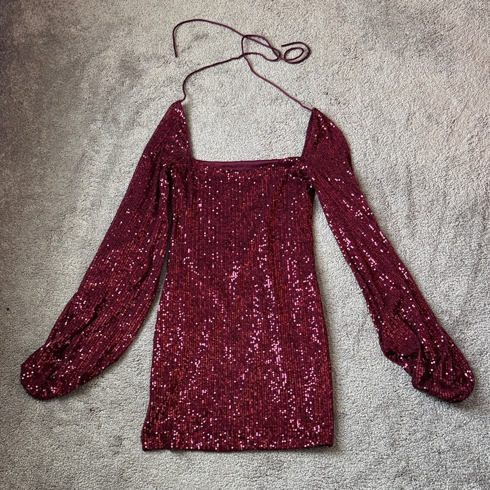 Maroon Sequin Long Balloon Sleeve Square Neck Mini Party Dress SIZE M